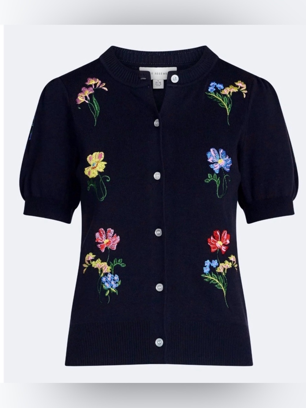 Navy Floral Embroidered Short-Sleeve Cardigan